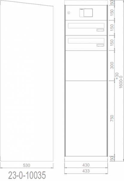 RENZ eQUBO elektronischer Paketkasten mit 2 Paketfächern und 2 Briefkästen Schrägdach 23010035 - schematische Darstellung